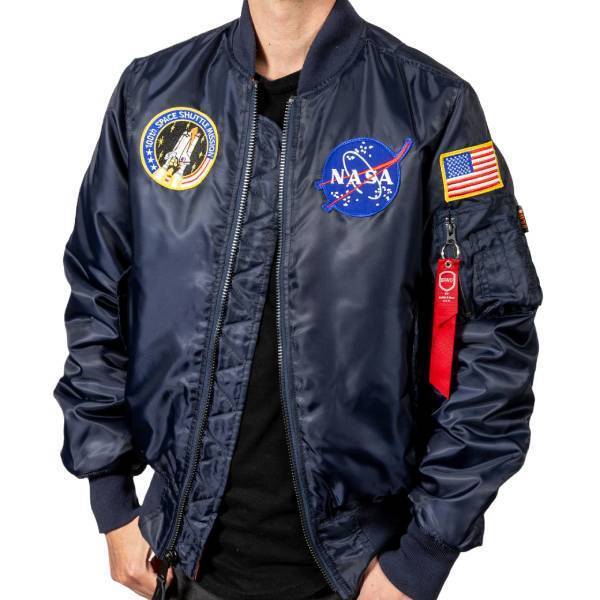 Man wearing 3 Patch Flight Jacket in navy blue